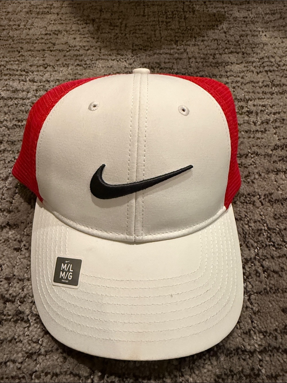 New with tags Nike White & Red Trucker Cap with Black Swoosh. Size Med/Large